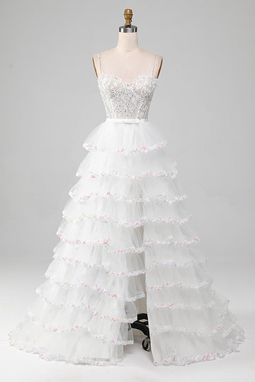 White A-Line Sparkly Sequin Ruffle Skirt Corset Wedding Dress With Slit